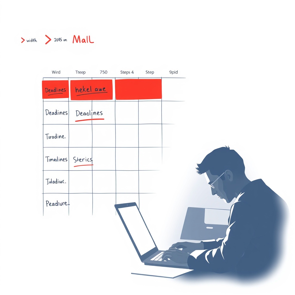 A calendar with deadlines marked in red, alongside a designer working late at night, highlighting the impact of timelines on project costs.