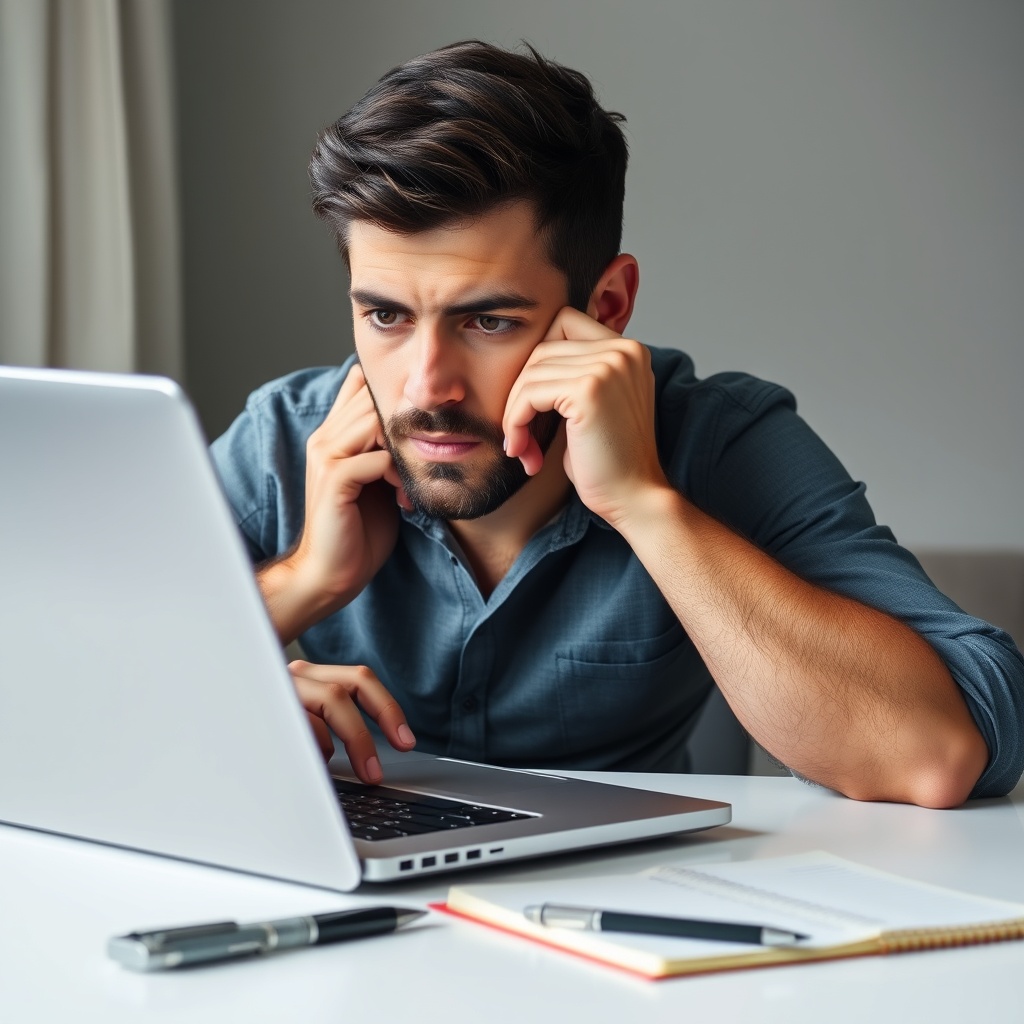 A focused individual troubleshooting a website on a laptop, with a notebook and pen nearby, symbolising problem-solving and technical adjustments.
