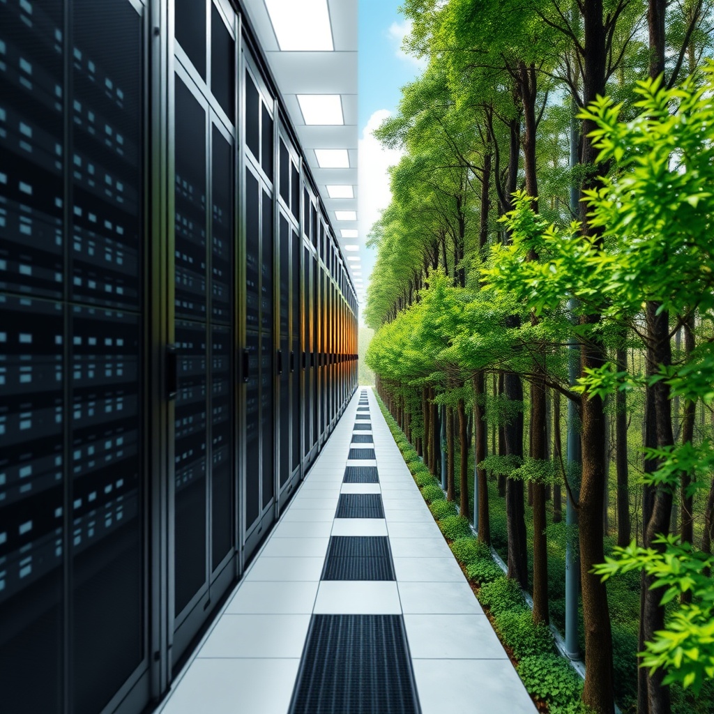 A split image showing on one side a data center with servers and on the other a lush green forest, symbolizing the environmental impact of AI.
