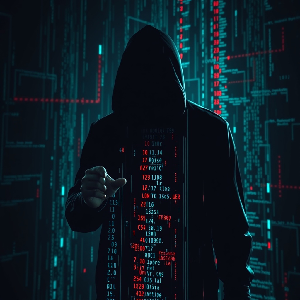 A dramatic image of a shadowy figure manipulating digital data streams, representing the misuse of AI technologies.