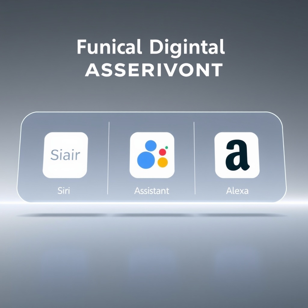 A futuristic digital assistant comparison display showing Siri, Google Assistant, and Amazon Alexa icons on a sleek, modern interface with a neutral background.