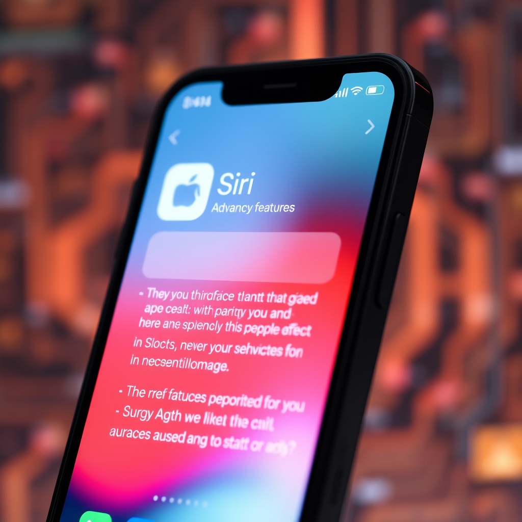 A high-tech, close-up view of a smartphone screen with Siri's interface active, showcasing advanced features like shortcuts and third-party app integrations, set against a blurred, abstract tech background.