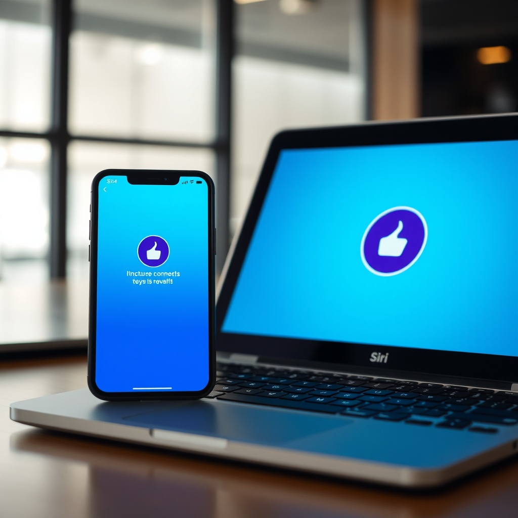 A professional workspace setting with a laptop and smartphone displaying Siri in use for business communication and productivity tools, emphasizing efficiency and modern work environments.