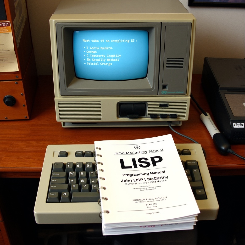 A vintage computer with a LISP programming manual on a wooden desk, symbolizing John McCarthy's contributions to AI.