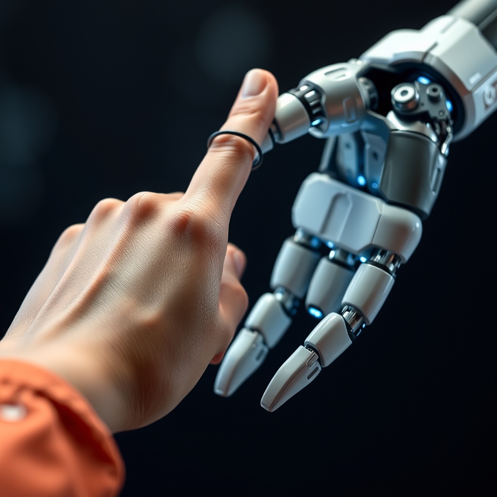 A futuristic robot hand and a human hand almost touching, representing breakthroughs in machine learning and AI collaboration.