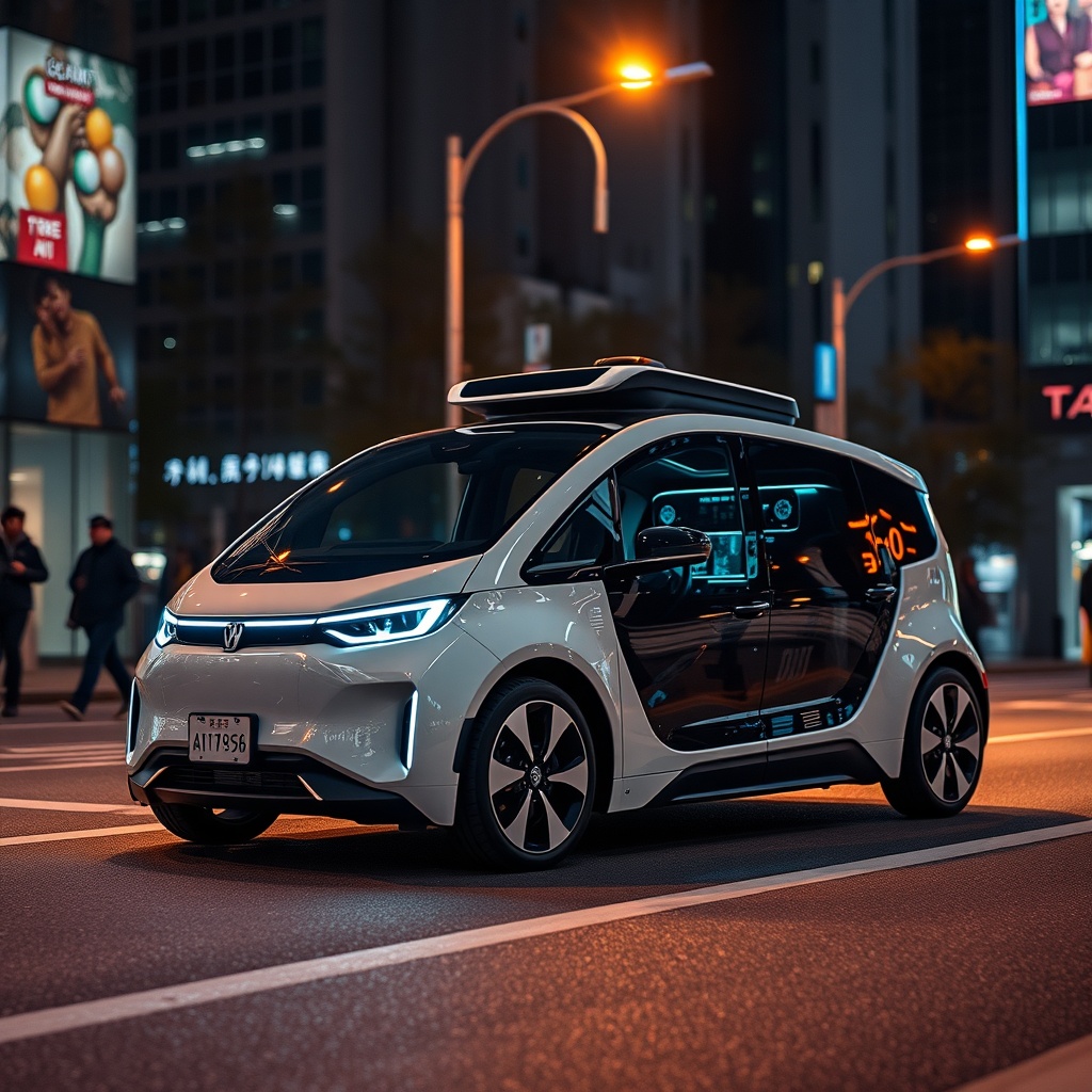 A high-tech autonomous vehicle on a city street at night, showcasing AI's influence on automotive technology.