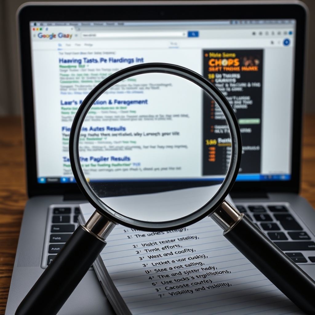 A magnifying glass over a laptop screen showing search engine results, with a notebook listing SEO strategies, highlighting optimization and visibility efforts.