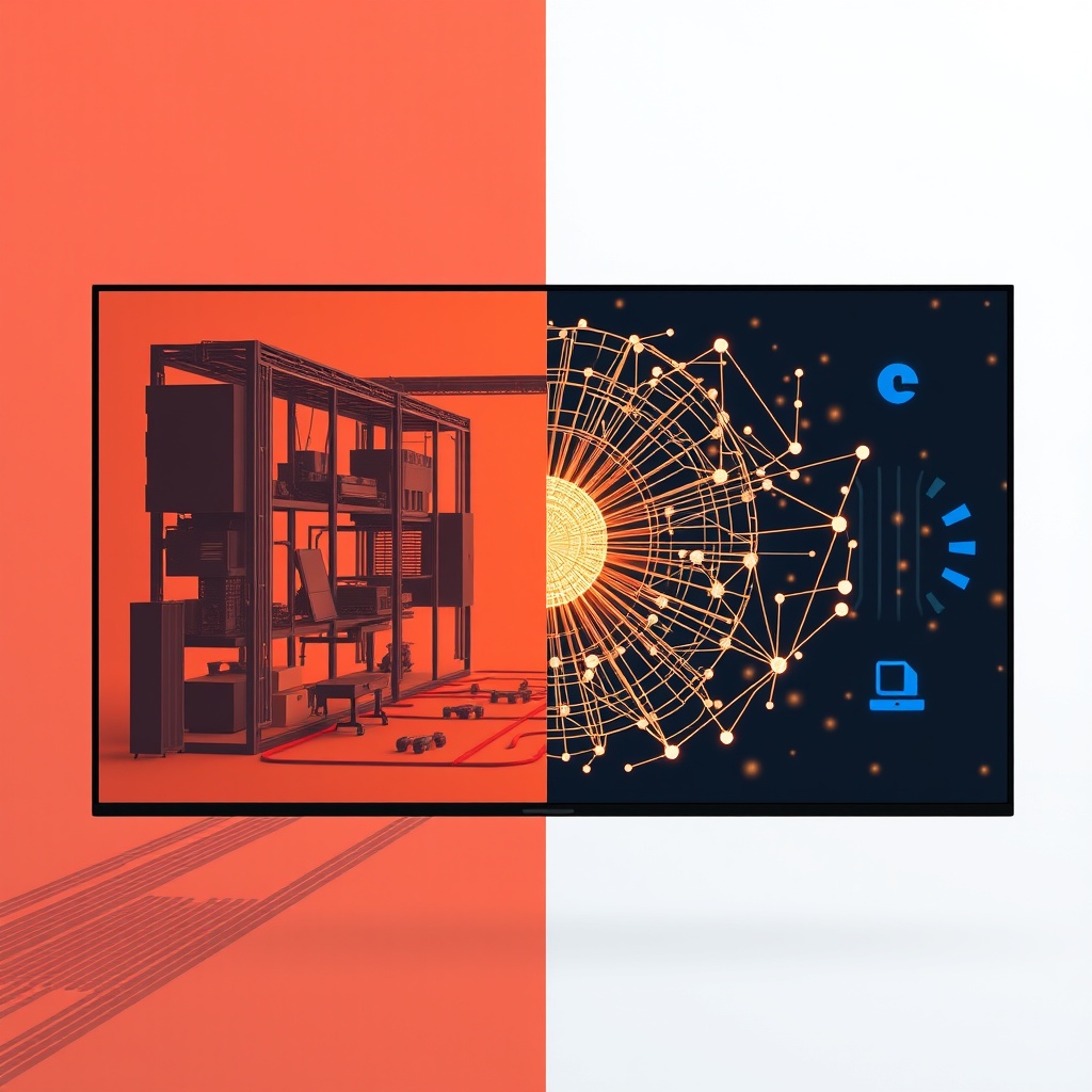 A split-screen image showing Google's AI infrastructure on one side and key algorithms in action on the other, highlighting the technology behind Google's AI.