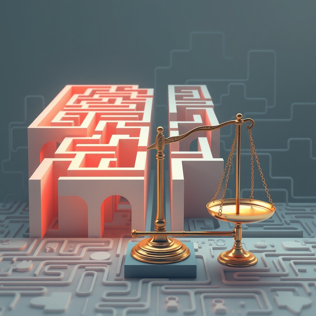 A dynamic image representing the challenges of AI, with a maze symbolizing technical limitations and a scale representing competition and innovation pressure.