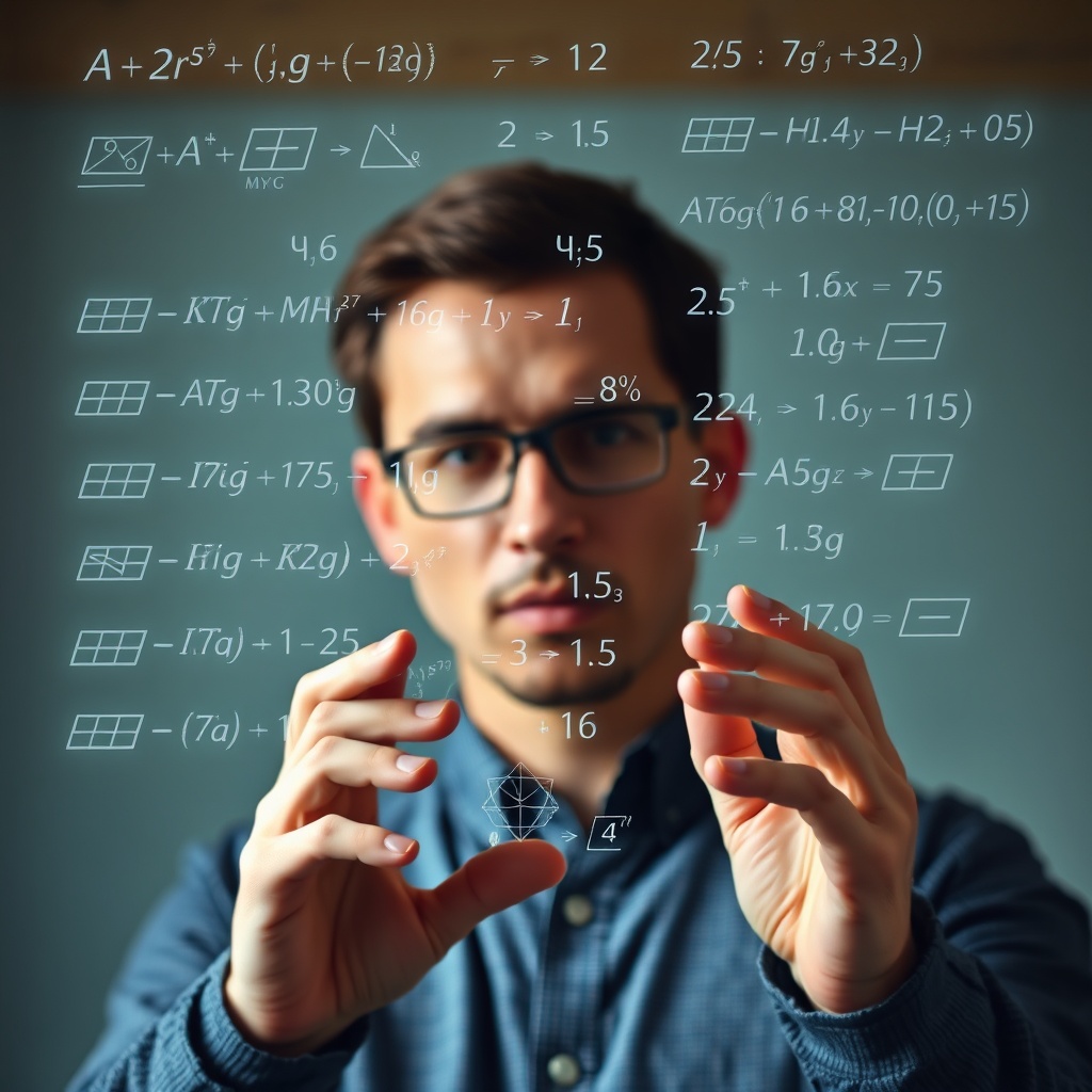 A focused individual studying complex mathematical equations and algorithms on a transparent glass board, symbolizing the foundational knowledge required for AI.