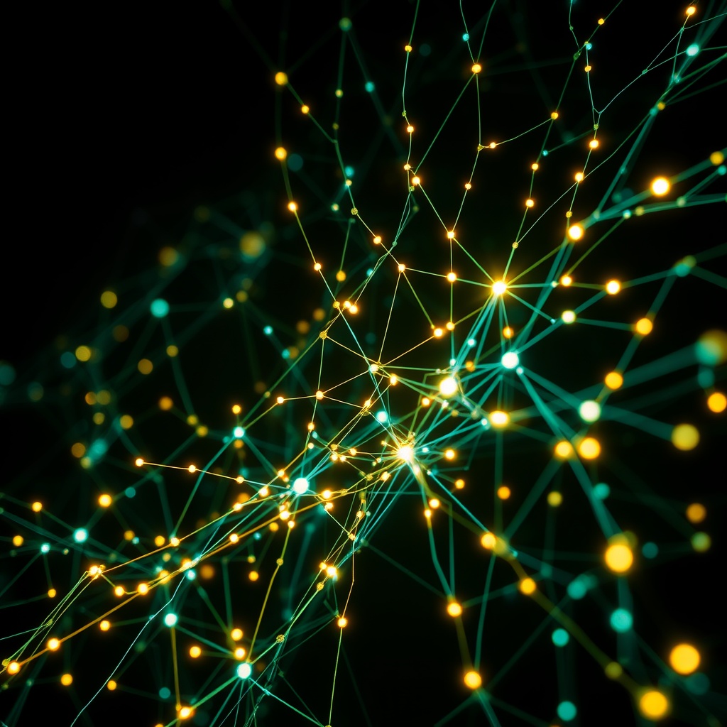 An advanced AI neural network visualization with glowing connections on a dark background, representing deep learning and complex AI concepts.