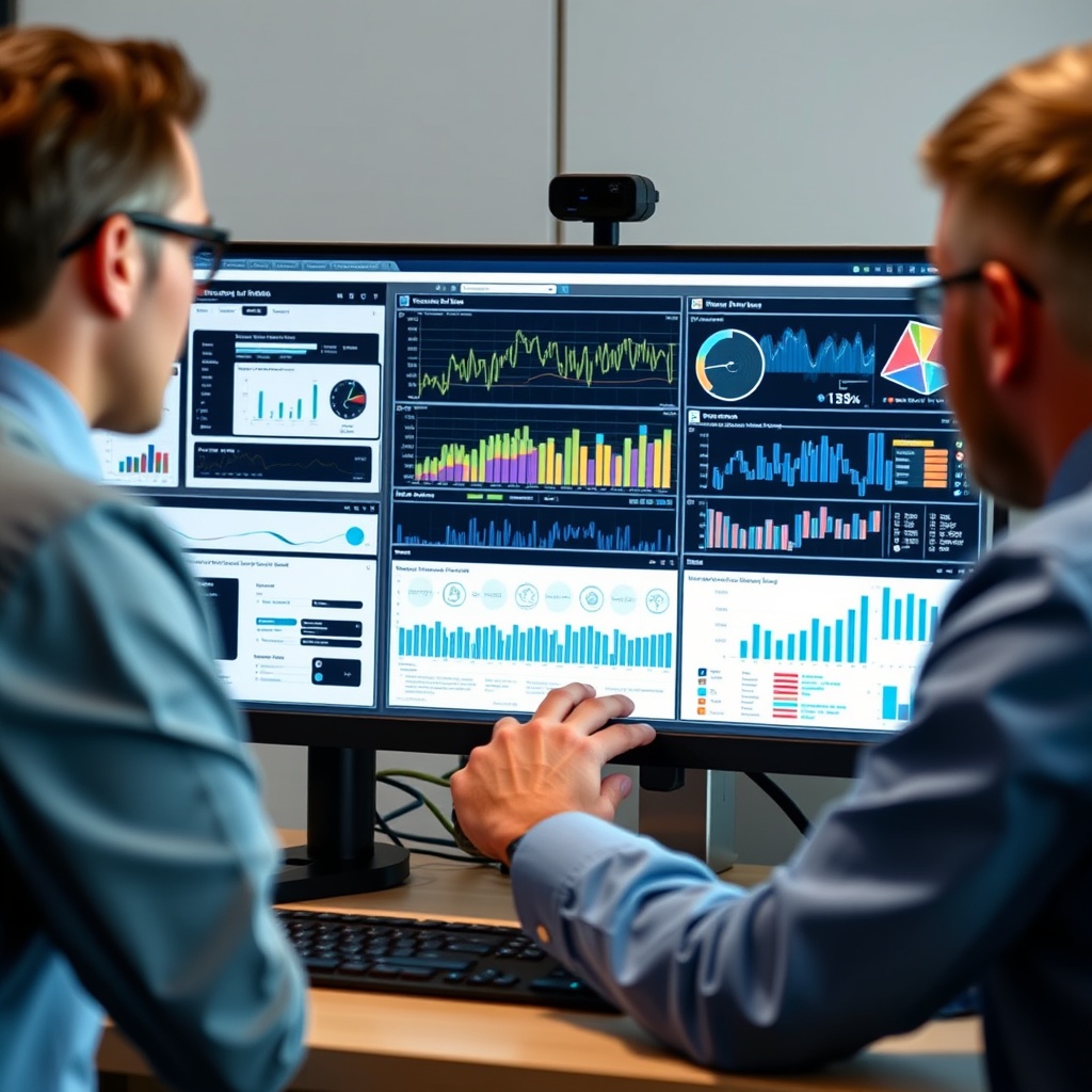A professional analyzing data on a computer screen with graphs and charts, highlighting the importance of data handling and preprocessing in AI.