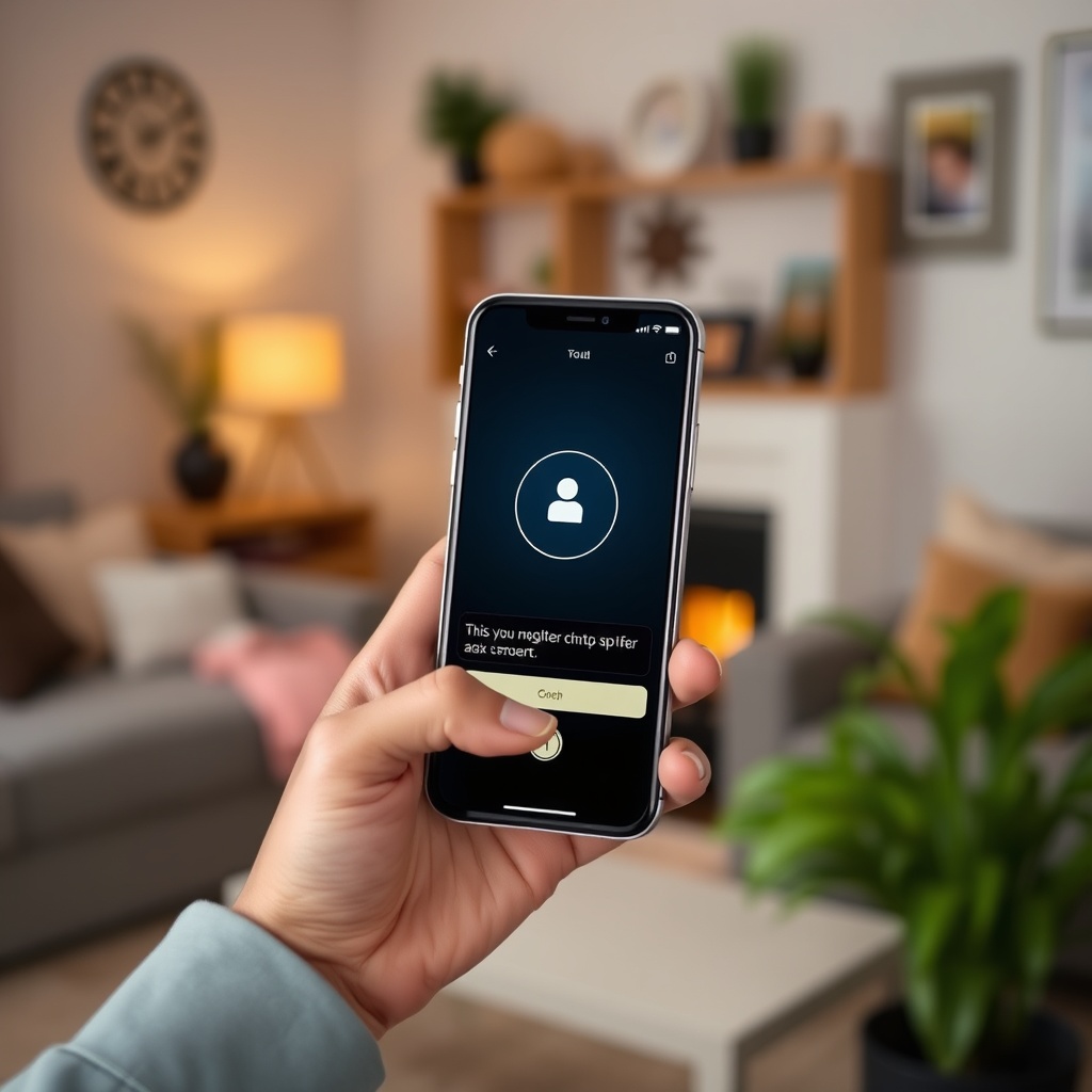 A modern smartphone displaying a virtual assistant interface, with a blurred background of a person using their phone in a cozy home setting.