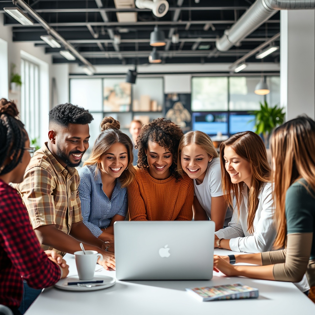 A diverse group of people gathered around a laptop, engaging in an online AI learning course, with a bright and inspiring workspace in the background.