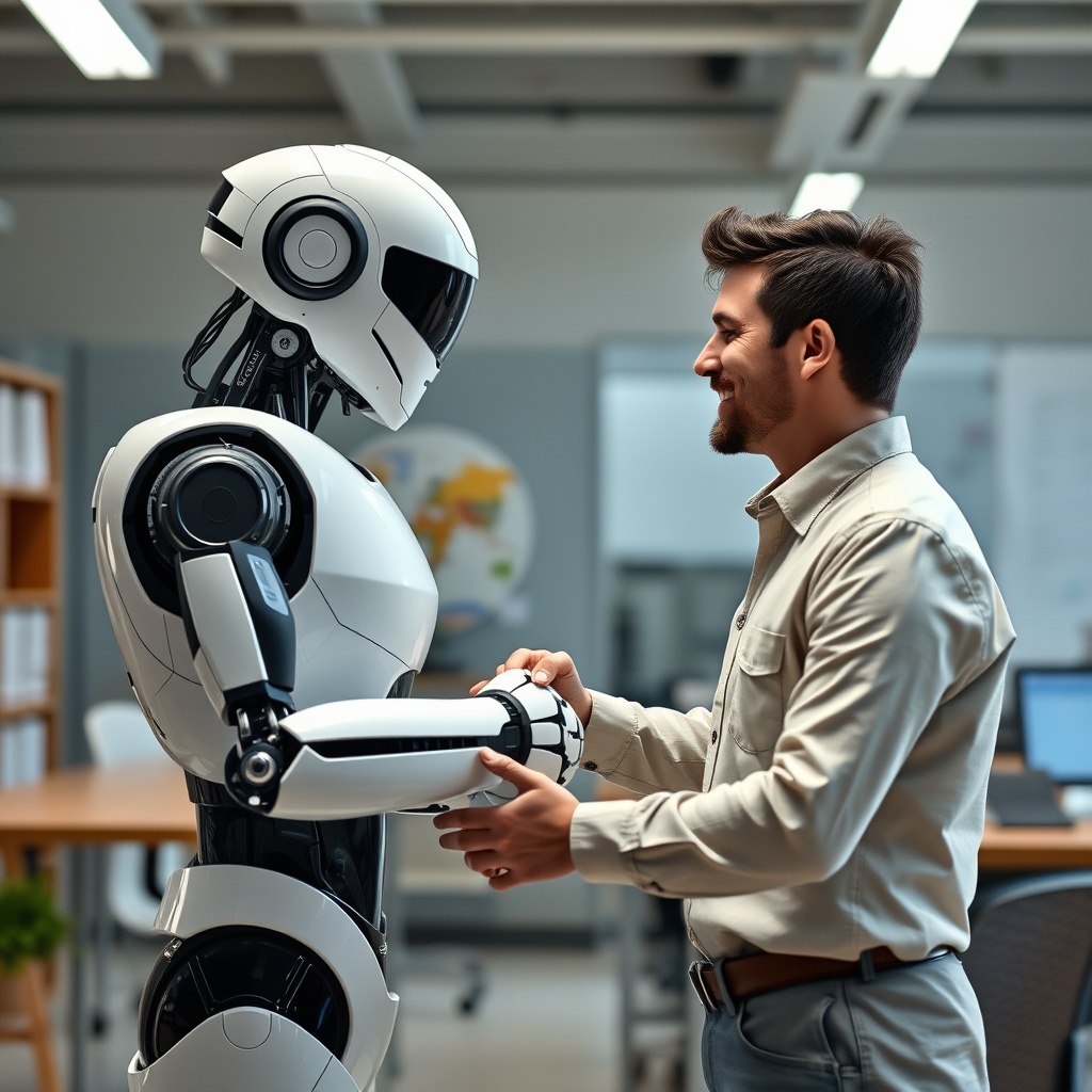 A futuristic robot and a human shaking hands in a collaborative workspace, symbolizing the partnership between humans and AI in the future.