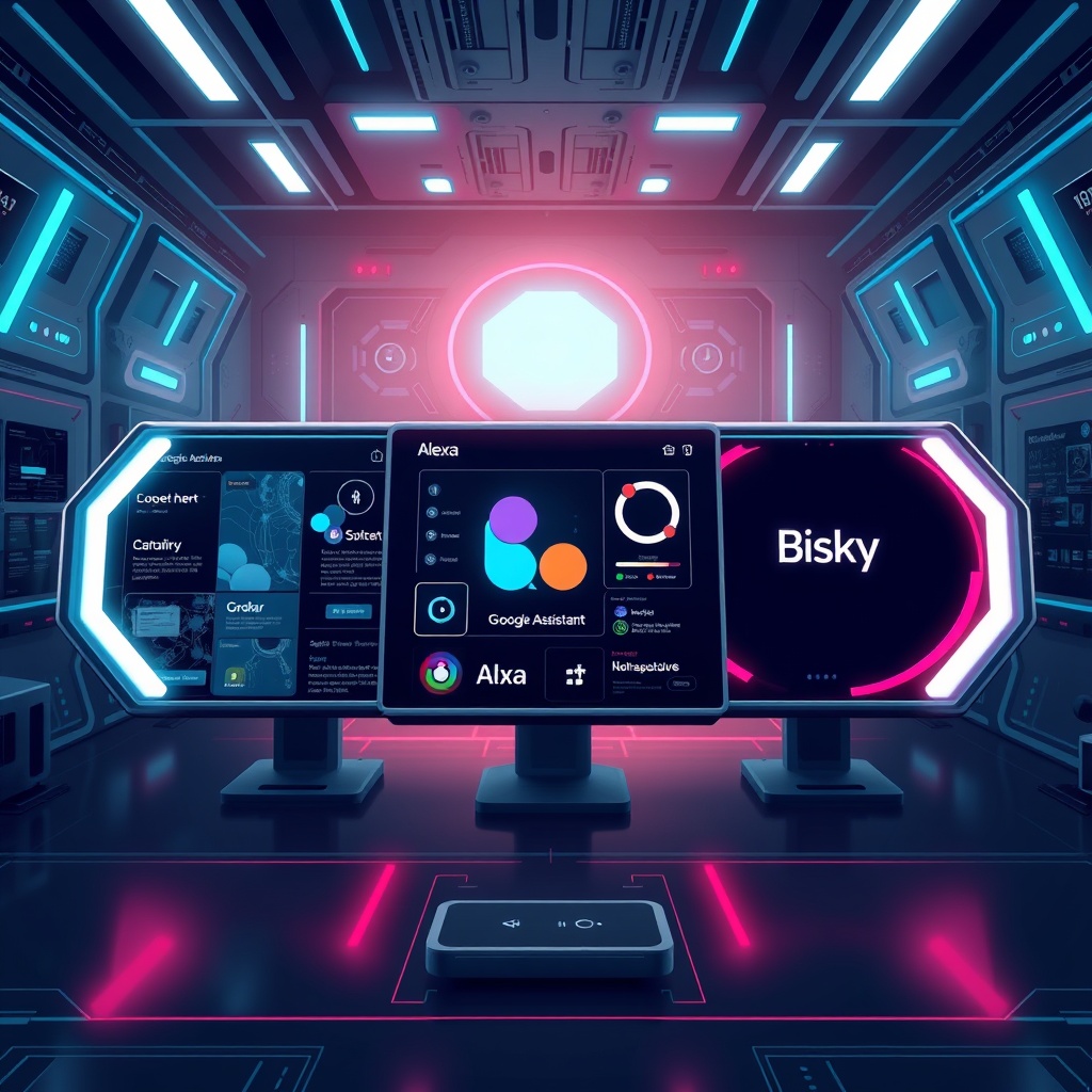 A futuristic digital illustration comparing the interfaces of Alexa, Google Assistant, Siri, and Bixby, highlighting their unique AI features in a sleek, modern tech environment.