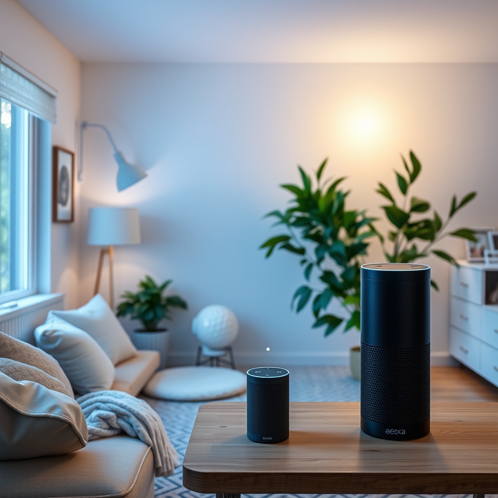 A smart home setup with various devices like lights, thermostats, and security cameras being controlled via voice commands to an Alexa device, showcasing seamless AI integration.