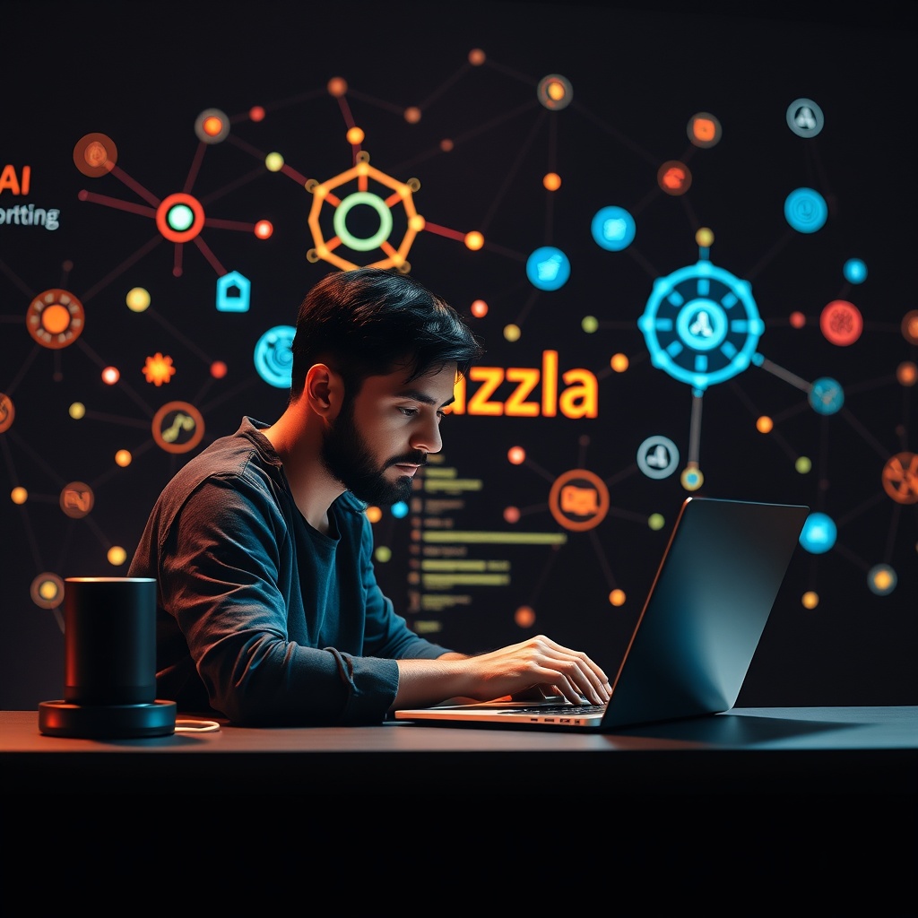 A developer working on a laptop, creating new Alexa skills with a backdrop of AI and machine learning concepts visualized as digital nodes and connections.