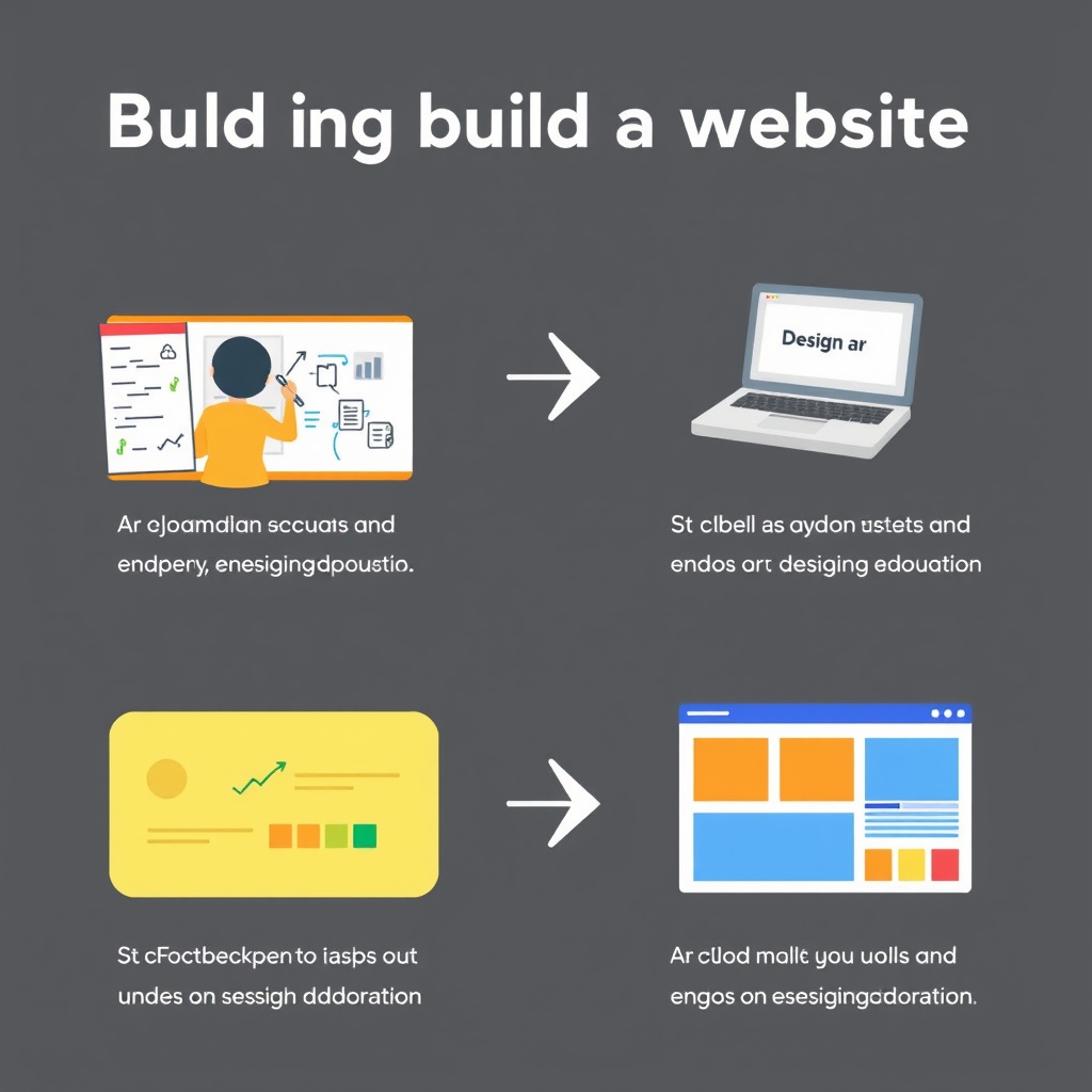 A step-by-step visual guide showing a beginner building a website, including planning on a whiteboard, selecting a domain on a laptop, and designing a layout with colorful blocks representing web elements.