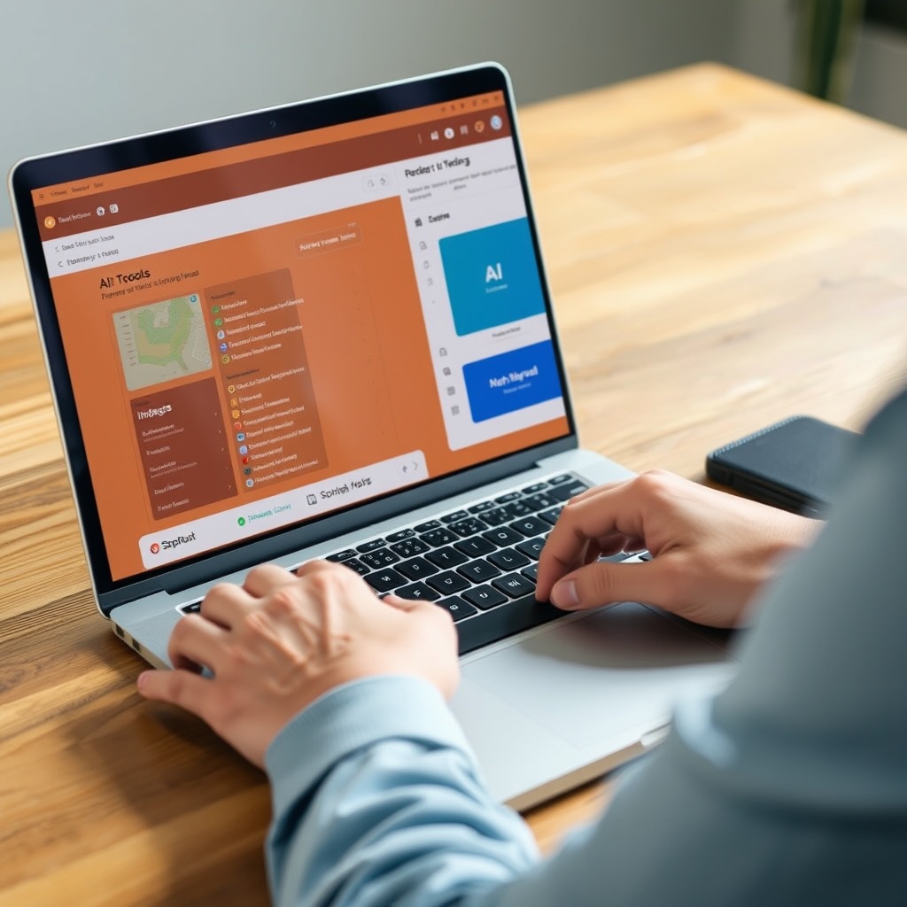 A professional stock photo showing a person navigating through a free AI tool interface on a laptop, highlighting ease of access and user-friendly design.