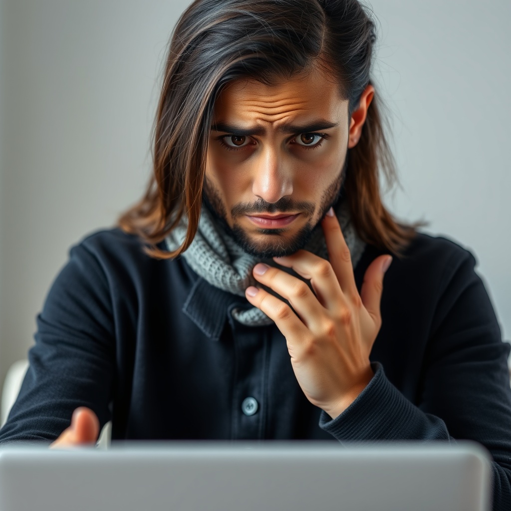A professional stock photo depicting a person making a common mistake while using free AI, such as overlooking terms of service, with a concerned expression.