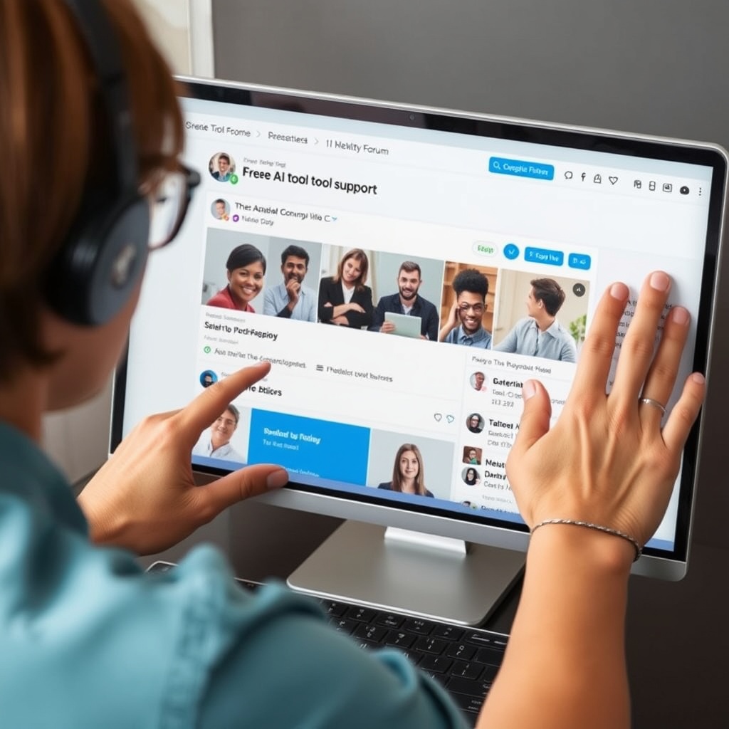 A professional stock photo of a person engaging with an online community forum for free AI tool support, showing collaboration and learning.