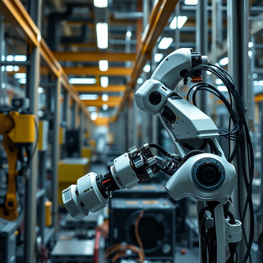 A high-tech robot arm assembling intricate electronic components in a futuristic manufacturing plant, symbolizing AI's ability to operate without fatigue and in hazardous environments.