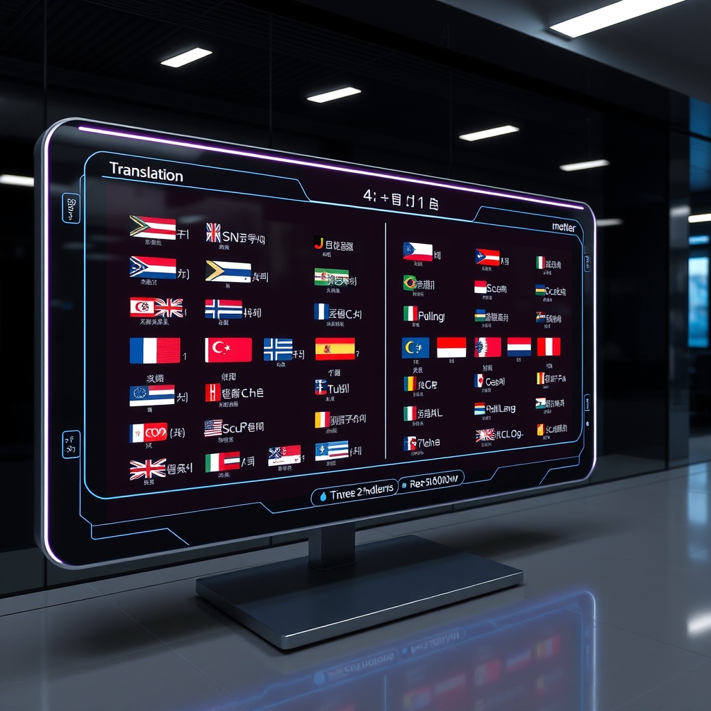 A futuristic AI interface displaying real-time language translation between multiple languages on a sleek, high-resolution screen, highlighting AI's multilingual communication capabilities.