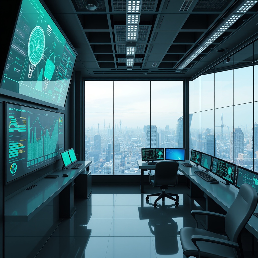 A smart grid control room with AI algorithms optimizing energy distribution across a cityscape, showcasing AI's role in managing and optimizing energy consumption.