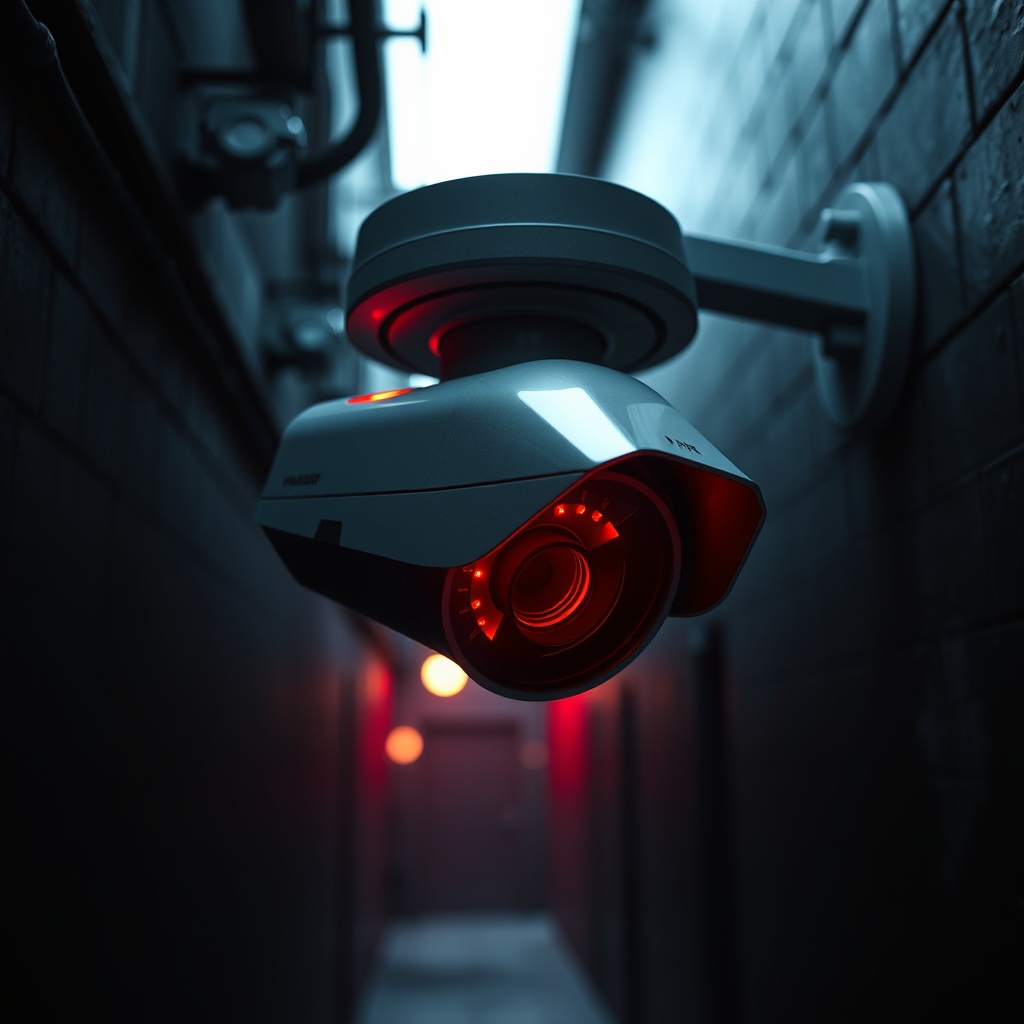 A futuristic surveillance camera with glowing red lights in a dark alley, symbolizing privacy erosion and AI surveillance.