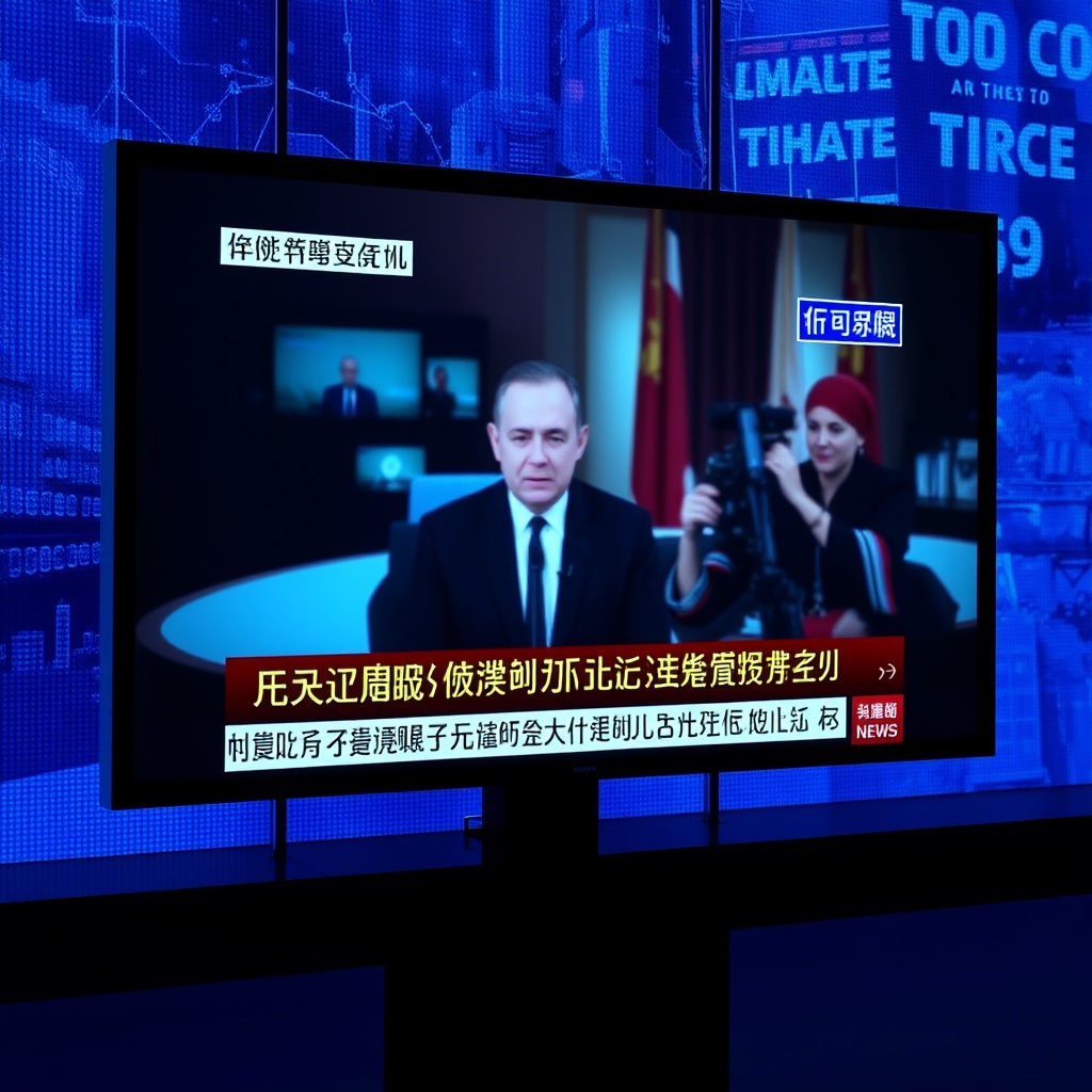 A digital screen displaying a realistic but fake news broadcast, representing deepfakes and AI-generated misinformation.