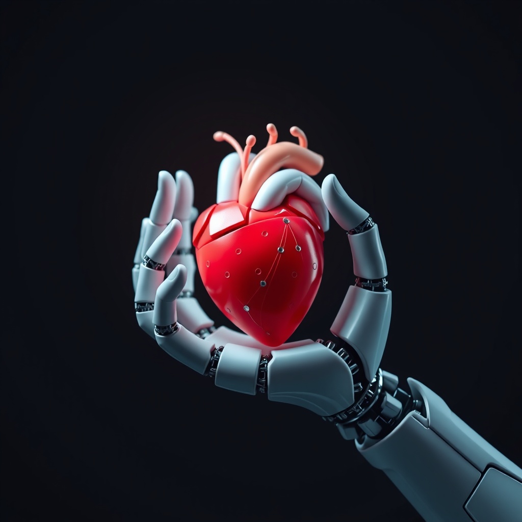 A robotic hand gently holding a human heart, symbolizing the intersection of AI and healthcare, highlighting both risks and rewards.