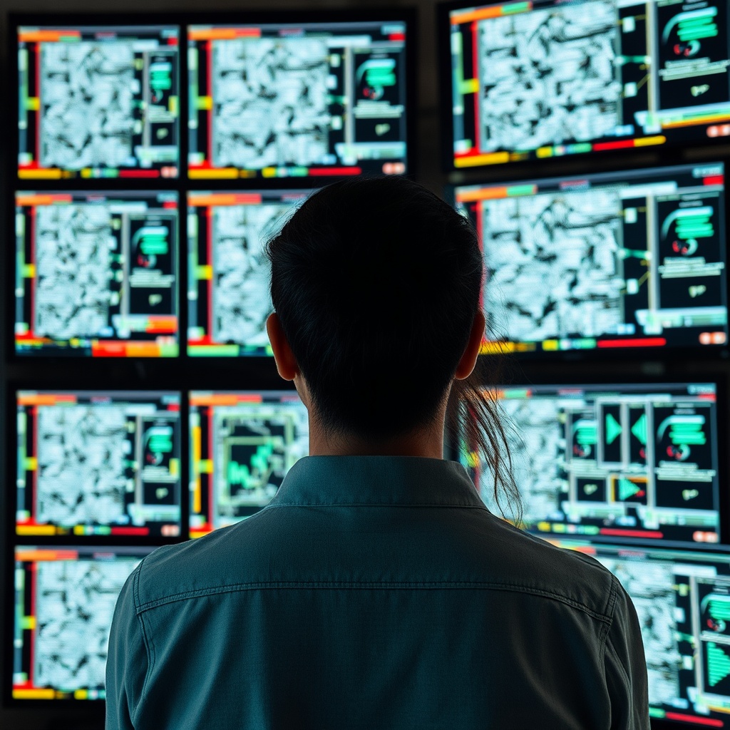 A person looking confused and overwhelmed by multiple screens displaying complex AI algorithms, symbolizing the loss of human decision-making skills.