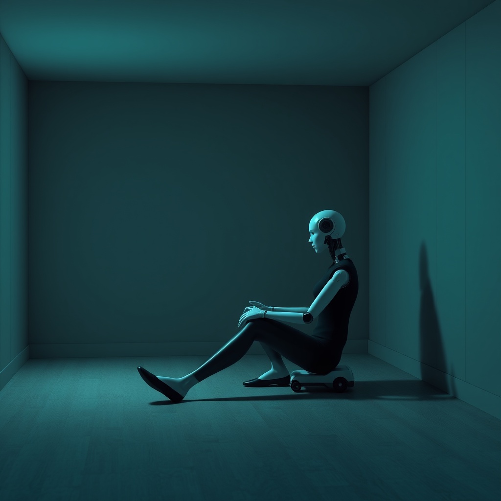 A lonely individual sitting in a dimly lit room, interacting with a humanoid AI companion, illustrating the psychological effects of AI on human relationships.