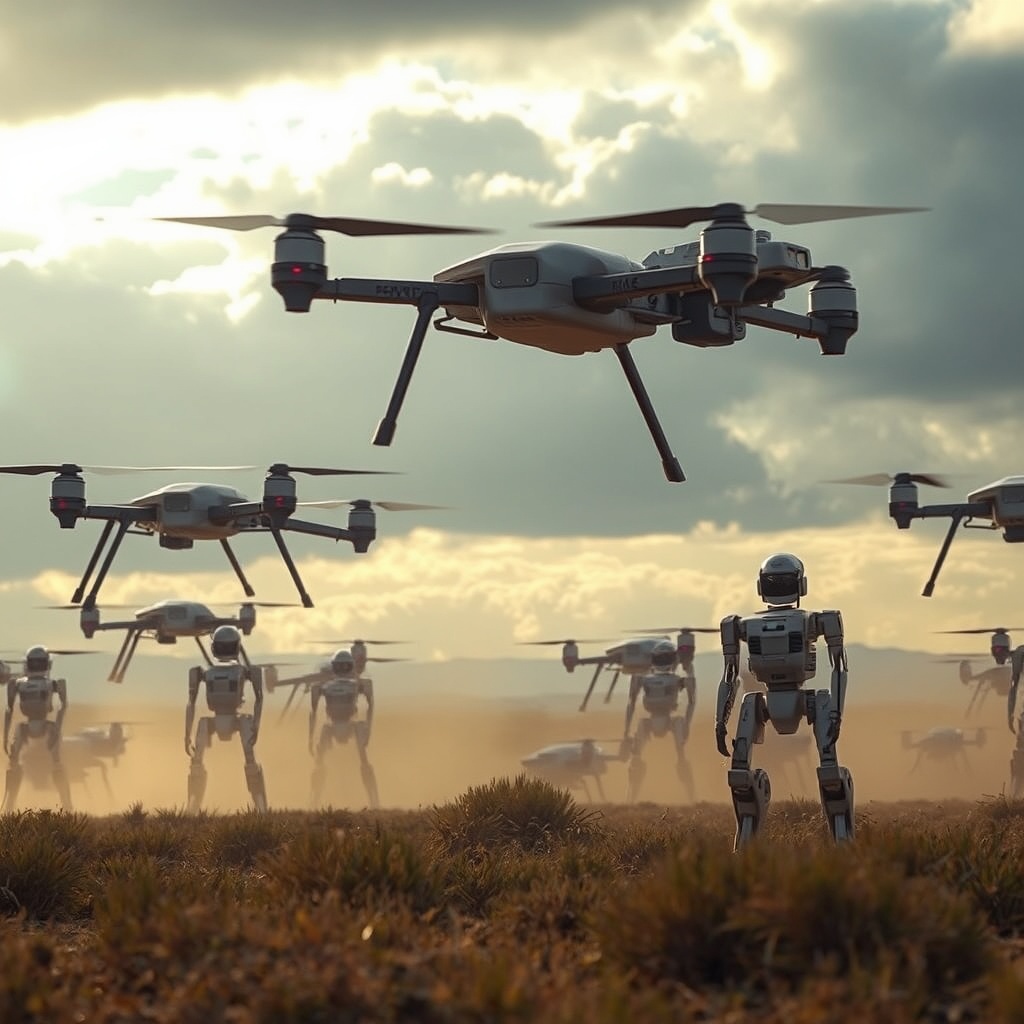 A futuristic battlefield with autonomous drones and robots, highlighting the ethical dilemmas of AI in warfare under a dramatic sky.