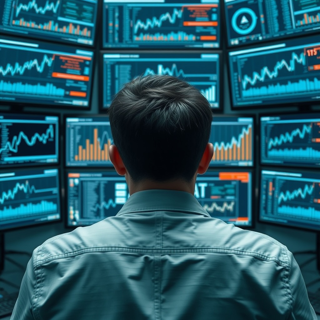 A person looking overwhelmed by multiple screens showing AI analytics, symbolizing dependency and loss of human skills in the AI era.