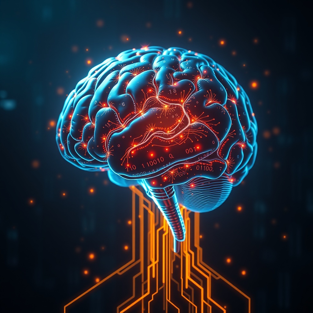 A glowing AI brain with circuits and binary code, representing the challenge of controlling superintelligent AI in a dark, futuristic setting.