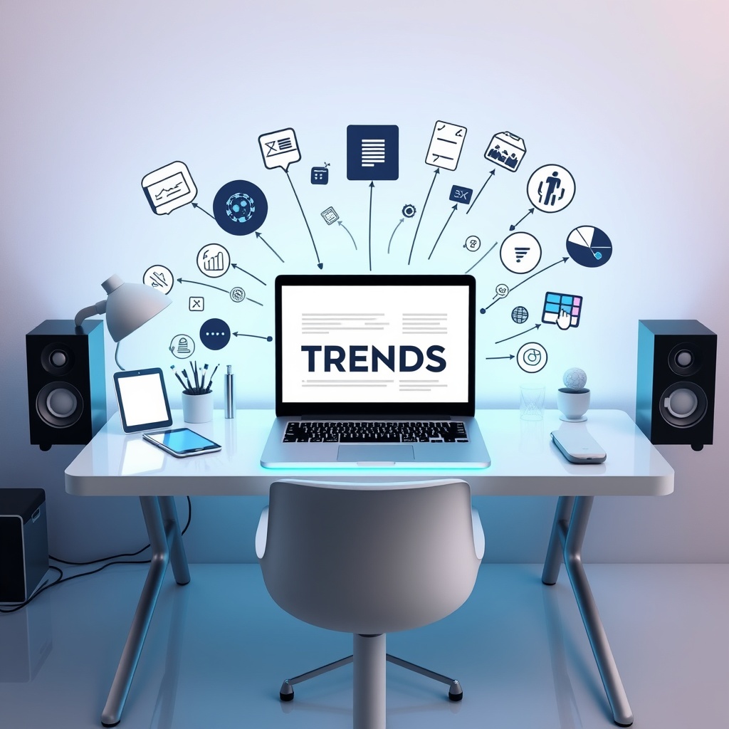A futuristic desk setup with a laptop displaying web design trends, surrounded by icons representing SEO, mobile responsiveness, and new technologies like AI and VR.