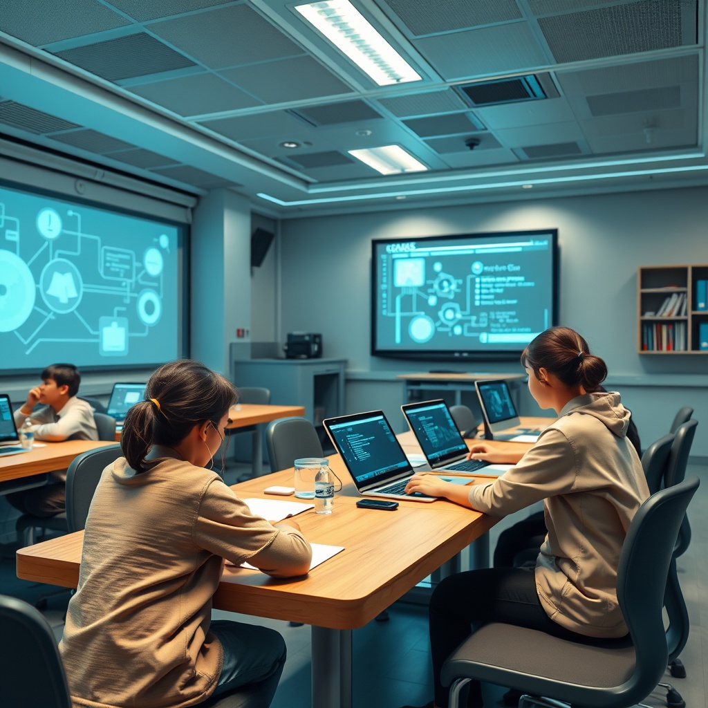 A futuristic classroom with AI-powered devices assisting students in personalized learning, showcasing the integration of technology in education.