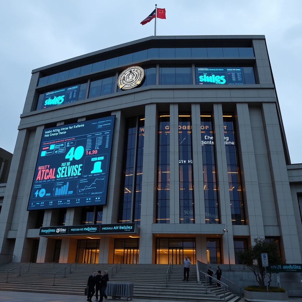 A high-tech government building with digital screens displaying AI analytics for public safety and security, symbolizing AI's role in governance.