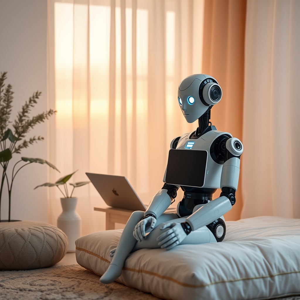 A serene therapy session with an AI-powered robot providing mental health support, highlighting the intersection of technology and well-being.