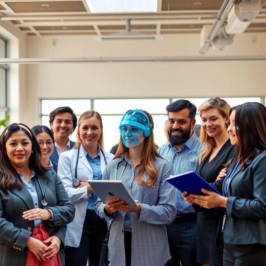 A diverse group of people benefiting from AI in healthcare, environmental protection, and productivity enhancement, showcasing AI's positive impact on society in a professional setting.