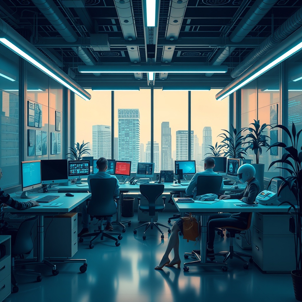 A futuristic office environment where humans and AI collaborate on creative projects, highlighting the ethical considerations and future of work with AI.