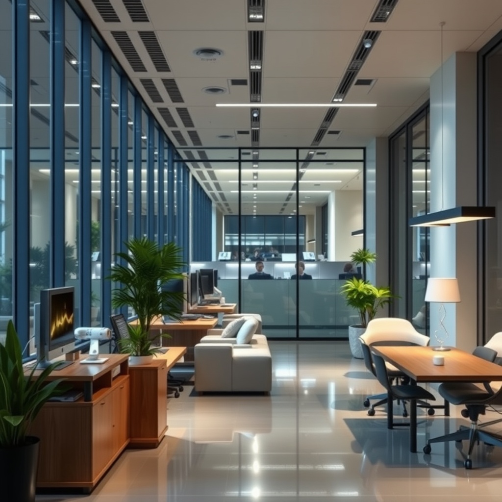 A sleek, modern business setting where AI tools automate tasks, enhance customer service, and drive business growth through predictive analytics.
