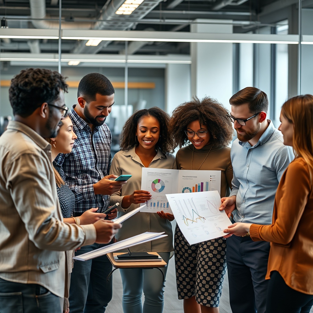 A professional stock photo depicting a diverse group of people discussing and comparing AI concepts with visual aids like charts and diagrams in a modern office setting.