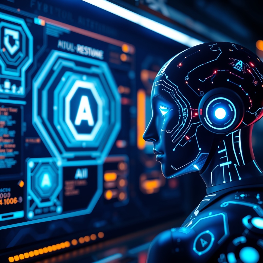 A high-quality stock image showing futuristic AI technology interfaces with glowing elements, symbolizing emerging trends and the potential of AI in a sleek, high-tech environment.