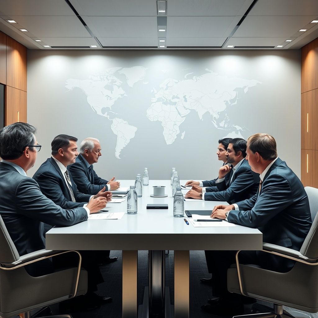 A professional stock photo illustrating international leaders and policymakers in a conference room, engaging in discussions about AI regulations and global collaboration, with a world map in the background.