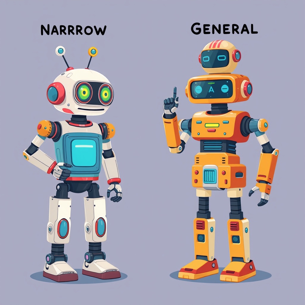 A colorful illustration showing two types of robots side by side: one specialized in a single task and another capable of performing multiple tasks, symbolizing Narrow AI vs. General AI in a child-friendly manner.