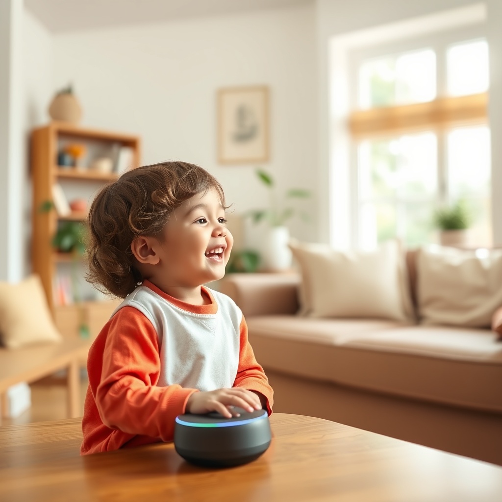 A cheerful scene of a child interacting with a voice assistant device, showcasing communication with AI through clear, simple commands in a bright, inviting home setting.