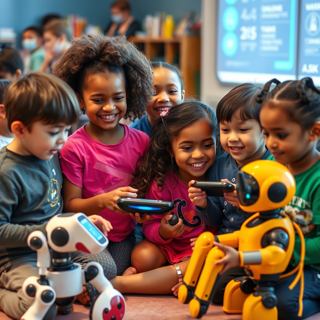 A group of diverse children engaged in fun, interactive activities with educational AI tools and robots, highlighting the joy of learning AI concepts in a playful environment.